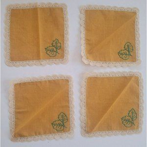 Vintage Linen Lace Orange Square Napkins With Leaf Design - Set of 4